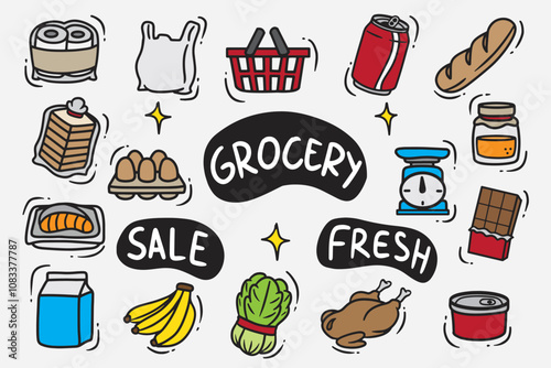 set of grocery doodles color good for background, wallpaper, element design, etc