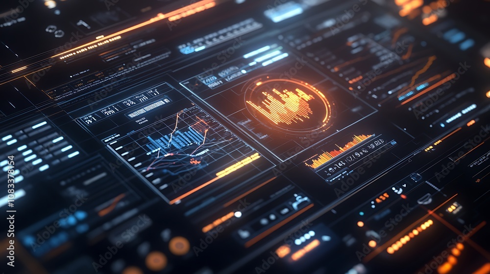 Obraz premium Interactive interface with charts, graphs, and data points highlighting key metrics