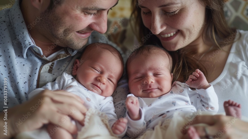 Obraz premium Joyful Parents Embrace Newborn Twins Together