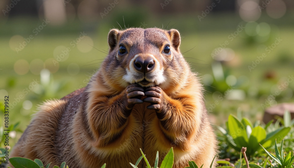 Obraz premium Groundhog eating in green field on a sunny day