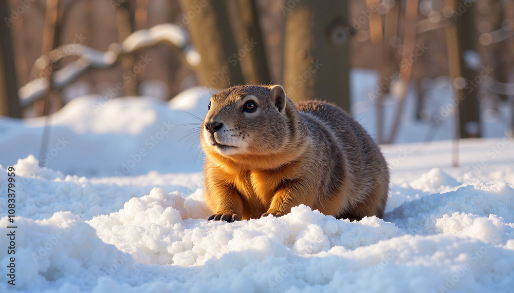 Obraz premium Groundhog on snowy ground predicting early spring