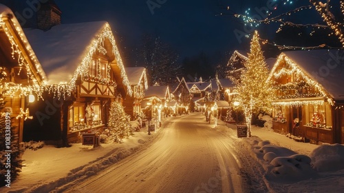 Cozy village with Christmas lights at night festive winter holiday celebration