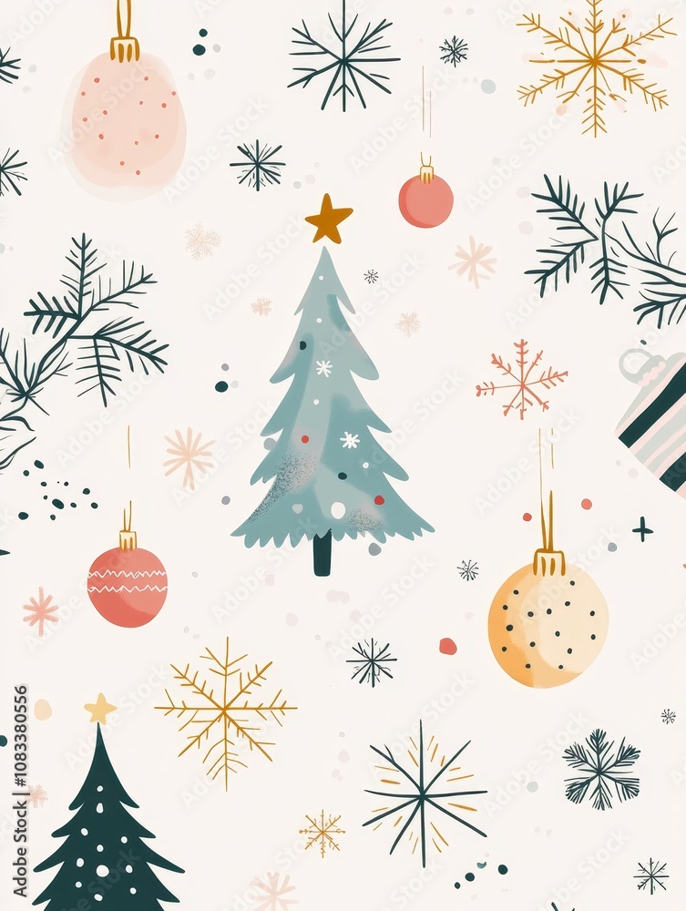 Obraz premium A charming Christmas wallpaper featuring minimalist trees, ornaments, snowflakes, and pine branches. Symbolizing festive cheer, winter wonderland, simple elegance, holiday spirit, and cozy Christmas.