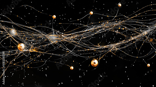 Abstract solemn background with golden shimmering threads on a black background.A sparkling mysterious background for projects related to space, astronomy or the universe. photo