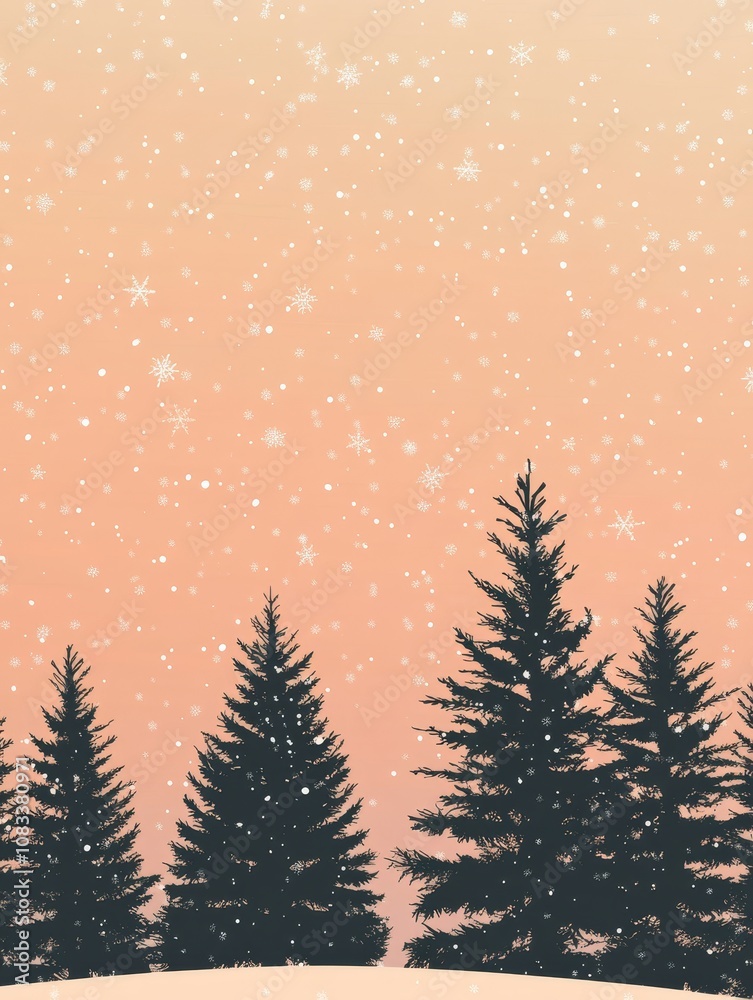 Naklejka premium Peaceful Christmas scene, minimalist design, peachy sunset, snowy trees, winter serenity.
