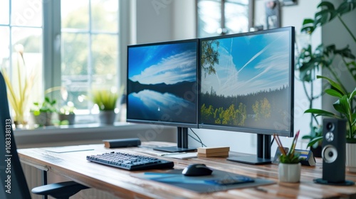 A creative home office setup featuring a spacious desk, dual monitors, and a desk organizer filled with productivity tools like pens, notebooks, and sticky notes photo