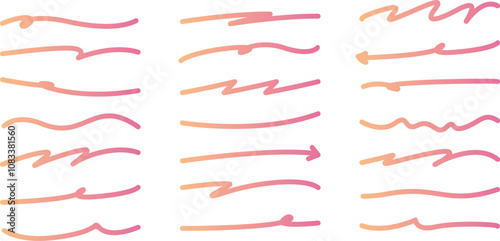 ペンで描いたピンク色のアンダーライン、蛍光ペン、マーカーセットイラスト_2