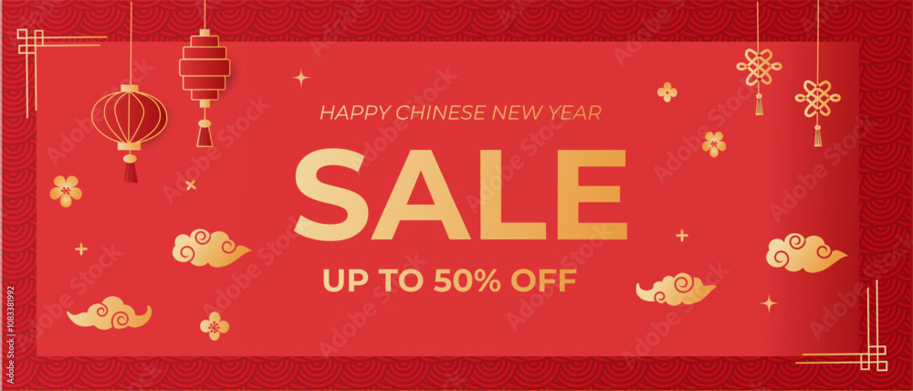 Naklejka premium Sale Banner for Chinese New Year. Realistic vector paper cut illustration of oriental flowers, clouds on red background. Asian Lunar Year template with stars, flowers, lanterns and luck symbols.
