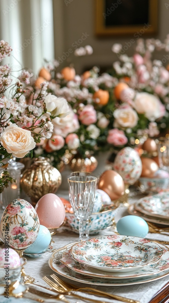 Fototapeta premium Easter table setting decorated with spring flowers and pastel-colored eggs