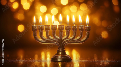  Lit Hanukkah menorah against glowing bokeh background photo