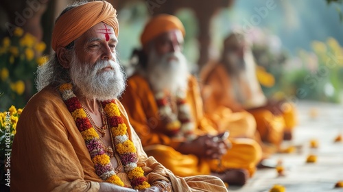 Indian sadhus wearing saffron clothes meditating in temple photo