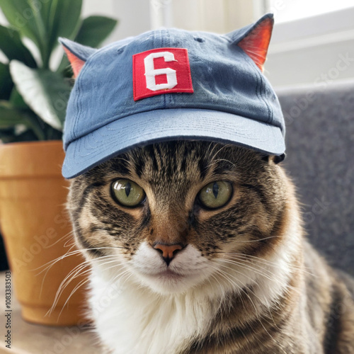 Adorable Ginger and White Cat Wearing a Stylish Blue Cap, Posing with a Confident and Charming.






