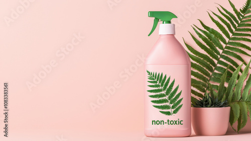 Eco friendly cleaning product mockup featuring pink bottle with green fern design, emphasizing its non toxic nature. Perfect for promoting sustainable living photo