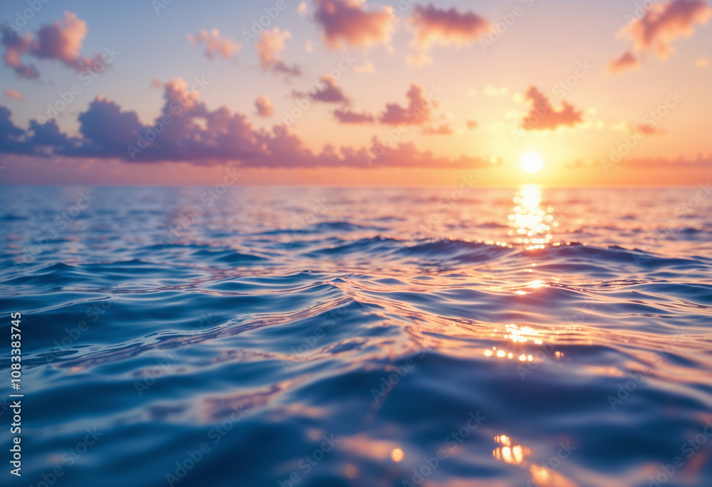 Naklejka premium Majestic Orange and Purple Sunset Sky Reflecting on Calm Ocean Waters with Silhouetted Horizon
