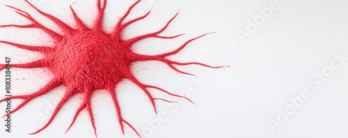 An artistic representation of a red viral structure on a white background, showcasing creativity and microscopic biology. photo