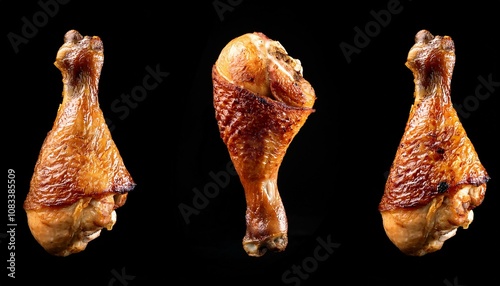 Set of Roasted grilled turkey chicken drumstick thigh on black background cutout, Mockup template for artwork design. perspective positions many different angle, side frontal top view photo