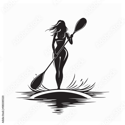 Silhouette Woman With Stand Up Paddle Board Sup On River Image vector isolated o white background.