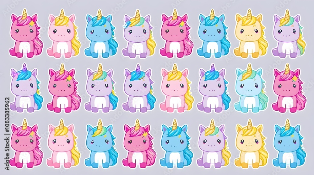 Fototapeta premium Adorable Collection of Thirty Kawaii Unicorns: A Delightful Array of Pastel-Colored Mythical Creatures in a Charming Cartoon Style