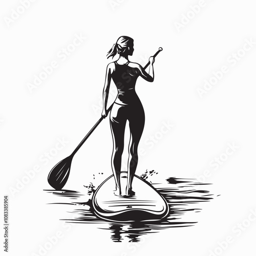 Woman With Stand Up Paddle Board Sup On River Image vector isolated o white background.