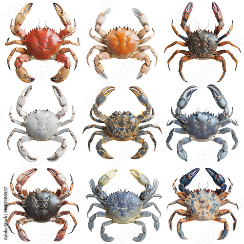 Variety of crabs displayed against a transparent background, showcasing diverse marine life and colors, PNG Isolated for seafood and oceanographic themes. photo