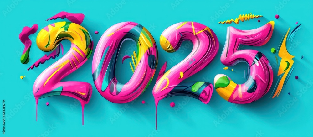 Obraz premium Graffiti depiction of 2025 in a mix of lime green, hot pink, yellow, and cyan.