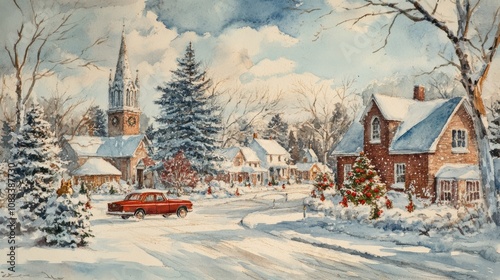 A picturesque snowy town square with a church steeple in the distance, decorated houses, and a red car parked on a snowy street.