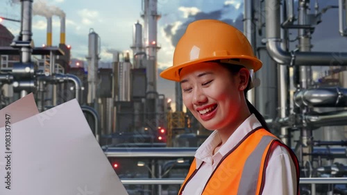 Close Up Side View Of Asian Female Engineer With Safety Helmet Looking At Blueprint In Her Hands While Standing In a Refinery, Oil Processing Equipment And Machinery photo