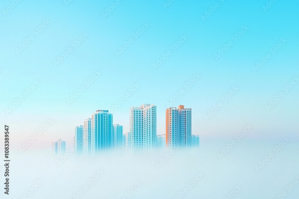 Obraz premium Foggy urban skyline cityscape photography misty atmosphere aerial view serenity