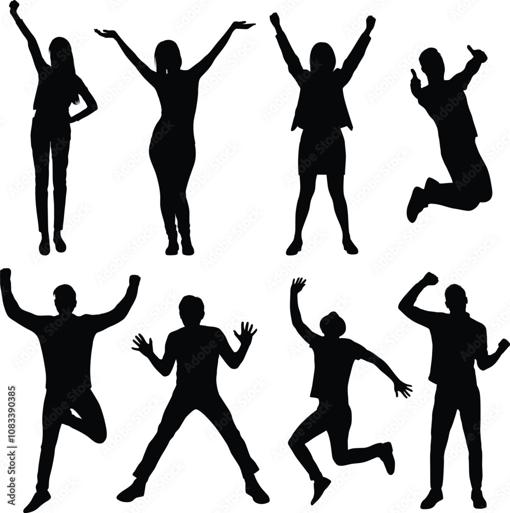 Fototapeta premium Excited People Silhouettes, people celebrating win, goal achievement