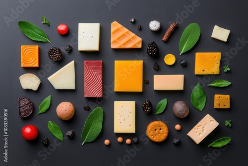 Artful cheese arrangement gourmet table food photography minimalist setting top view culinary creativity photo