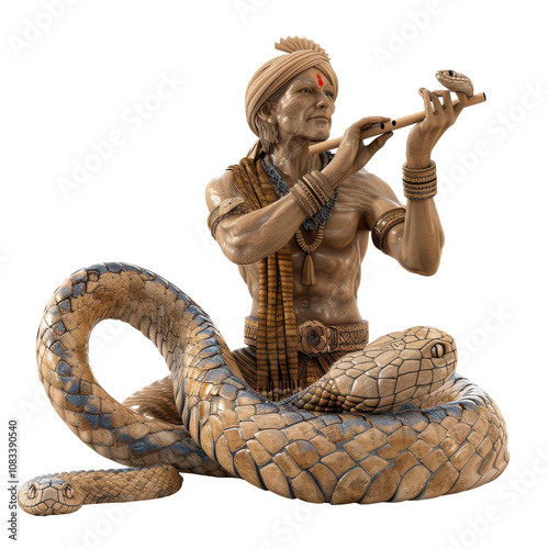 A vibrant 3D Indian cartoon snake charmer captivates a cobra with a flute amidst an enchanting background emphasizing charm and mesmerization featuring high-quality image. photo