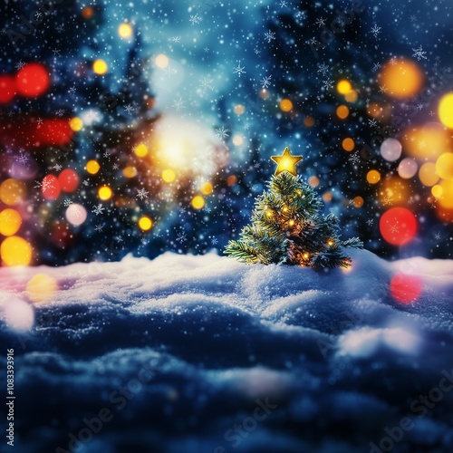 a small tiny christmas tree in a snowy forest, the light shines bright through the tree, nowflakes float gently through the air, winter air, sunlight, Golden bokeh - Generative AI	
 photo