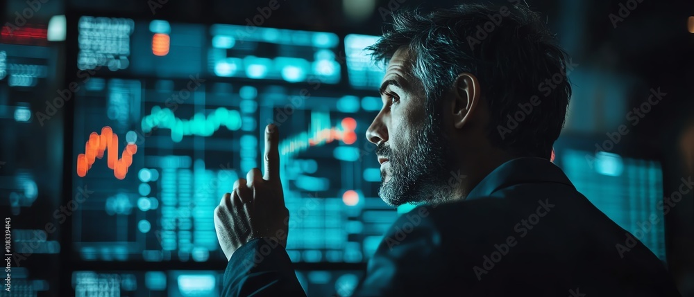 Fototapeta premium Stock market analysis, businessman pointing at screen with bullish market and red candle, financial data and charts in the background, professional trading environment