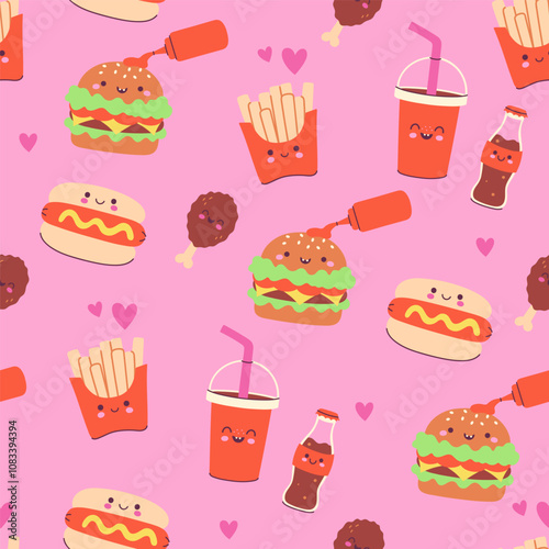 Seamless pattern of cute kawaii fast food on pink background. Vector graphics.