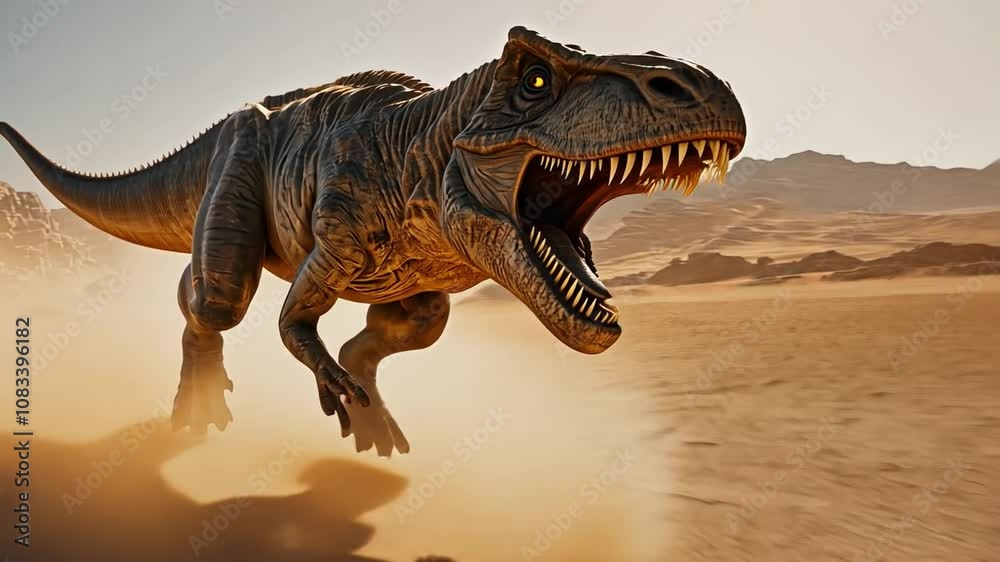 Tyrannosaurus Rex in the Desert: Apex Predator Roaring. A powerful Tyrannosaurus Rex charges across a vast, sun-drenched desert landscape, sand billowing around its feet.