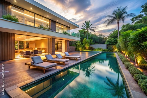 Wallpaper Mural Modern Villa with Outdoor Pool and Sunbeds - Luxurious Retreat in Scenic Landscape, Long Exposure Photography of Contemporary Architecture, Relaxation and Leisure in Elegant Surroundings Torontodigital.ca