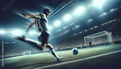 Football player strikes the ball during an intense soccer match at a stadium under bright lights in the evening