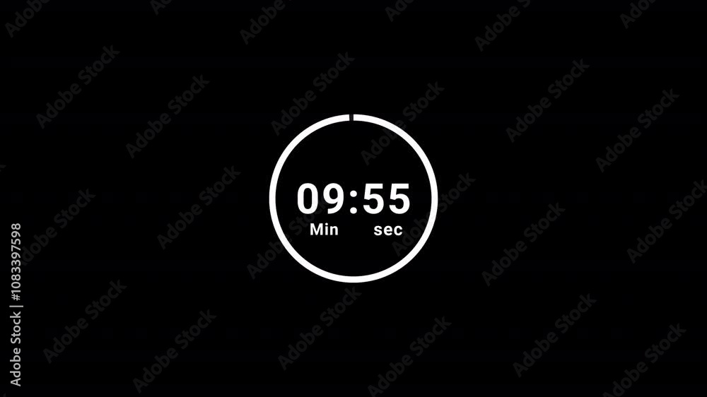 10 minutes circle countdown timer animation, 10 minutes timer animated on black background, ten minutes countdown.