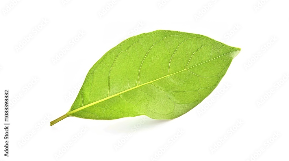 Fototapeta premium Bay Leaf Isolated on White Background - A Symbol of Flavor and Tradition. The Green Bay Leaf with Its Distinctive Shape and Texture, Standing Alone Against the Purity of White. Its Curves and Veins