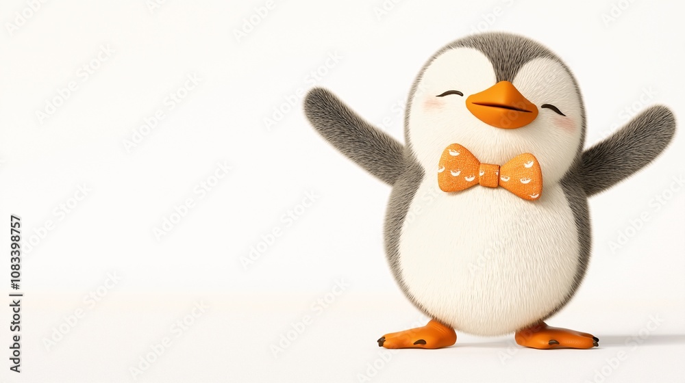 Fototapeta premium Playful 3D Cartoon Character of a Happy Penguin with a Bow Tie, Exuding Joy and Charm in a Clean, Minimalist Environment, Perfect for Children's Content and Fun Projects