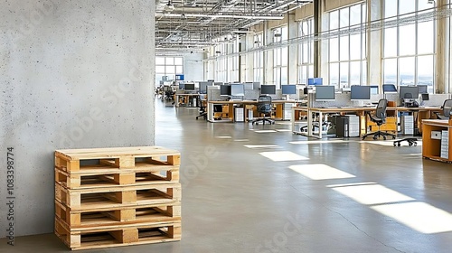 Empty office space with a stack of wooden pallets in the foreground.