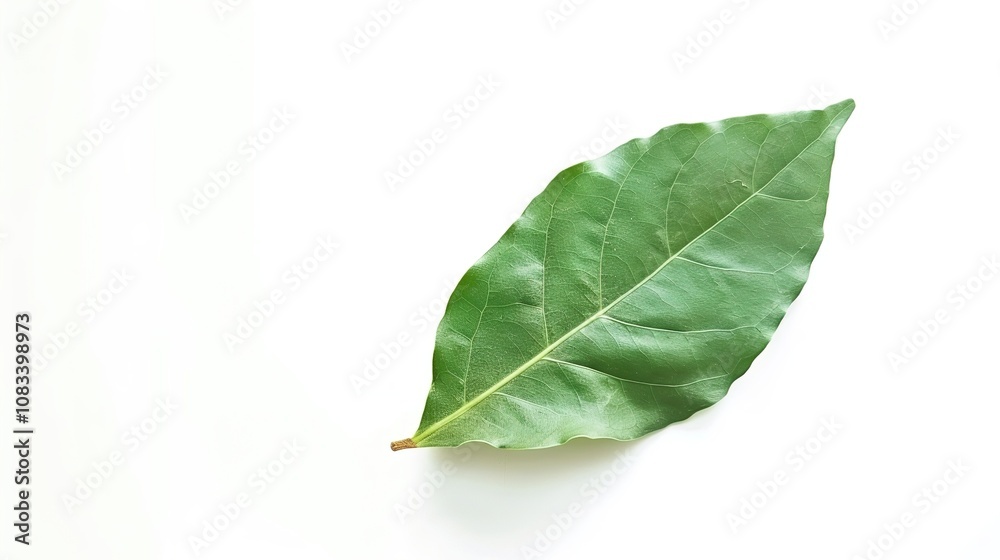 Obraz premium Bay Leaf Isolated on White Background - A Symbol of Flavor and Tradition. The Green Bay Leaf with Its Distinctive Shape and Texture, Standing Alone Against the Purity of White. Its Curves and Veins