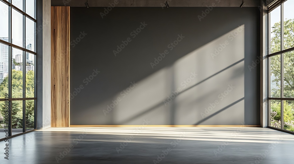 Obraz premium Empty room with large windows, hardwood floor, and black wall.