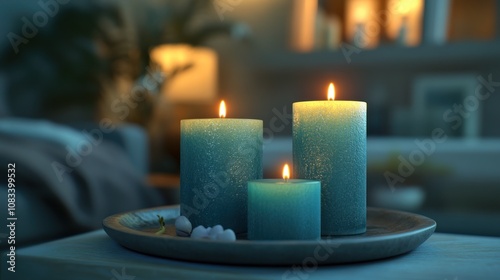 Three Teal Candles on a Wooden Tray
