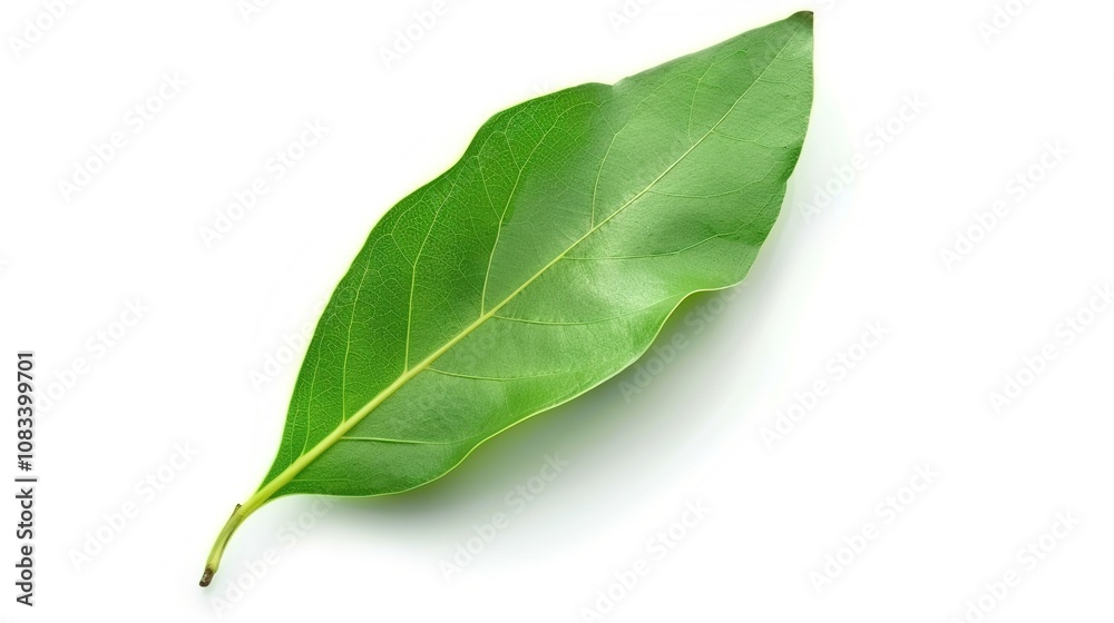 Obraz premium Bay Leaf Isolated on White Background - A Symbol of Flavor and Tradition. The Green Bay Leaf with Its Distinctive Shape and Texture, Standing Alone Against the Purity of White. Its Curves and Veins