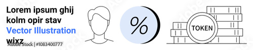 Profile of person, percentage sign, token stacks accompanied by text. Ideal for marketing, educational content, infographics, websites, presentations, financial apps, digital wallets. Landing page