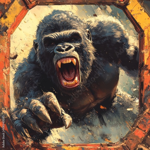 A powerful gorilla roars ferociously, its teeth bared and claws extended, as it bursts through a metal frame. photo