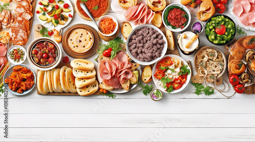 Wallpaper Mural Amazing Delicious autumn meal table scene. Above view on a white wood background Torontodigital.ca