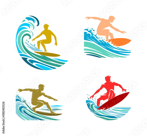 vector set logo of a surfer on the ocean waves (artwork 1)