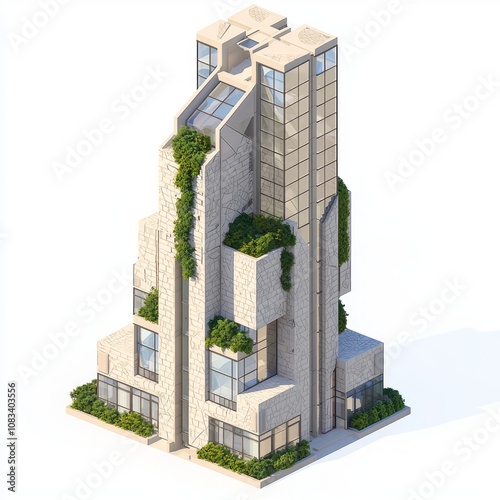 Futuristic Isometric 3D Render of High-Rise Building with Natural Stone and Glass FaÃ§ade, Geometric Patterns, and Skyline View on White Background photo